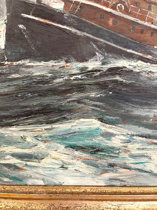 Mid-Century Maritime Painting of Ships in Storm, Signed