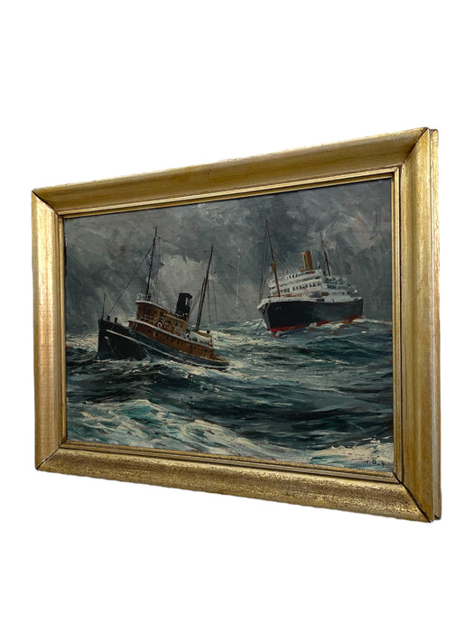 Mid-Century Maritime Painting of Ships in Storm, Signed