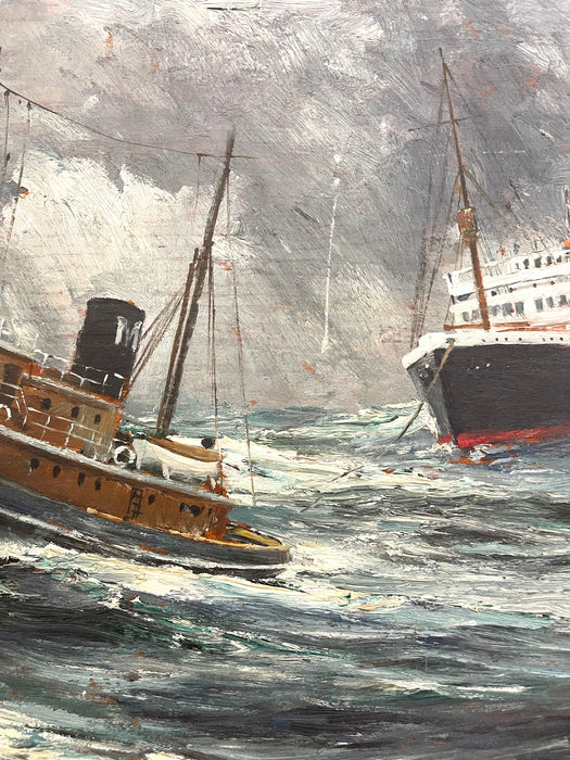 Mid-Century Maritime Painting of Ships in Storm, Signed