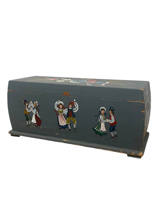 Vintage Hand-Painted Norwegian Folk Art Storage Chest or Blanket Trunk in Blue with Dancing Figures and Floral Motifs