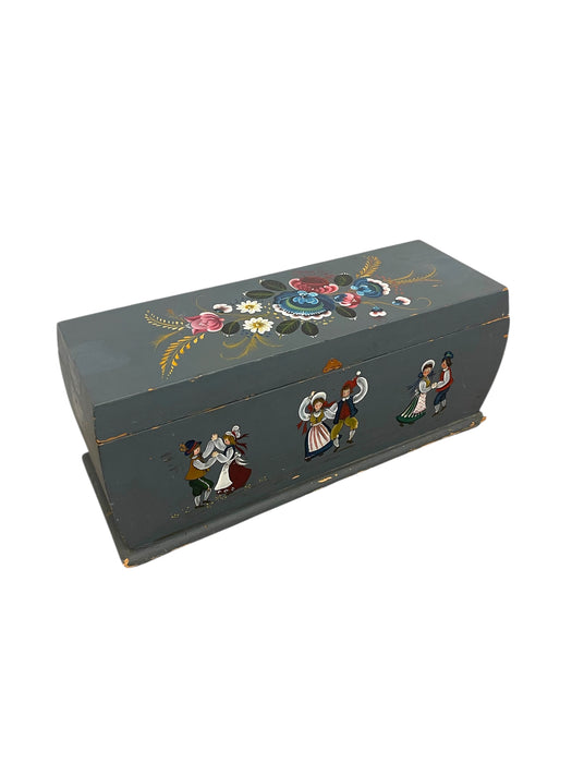 Vintage Hand-Painted Norwegian Folk Art Storage Chest or Blanket Trunk in Blue with Dancing Figures and Floral Motifs