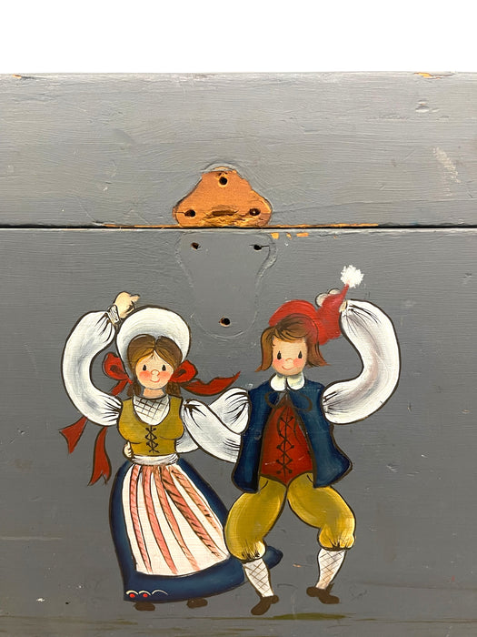 Vintage Hand-Painted Norwegian Folk Art Storage Chest or Blanket Trunk in Blue with Dancing Figures and Floral Motifs