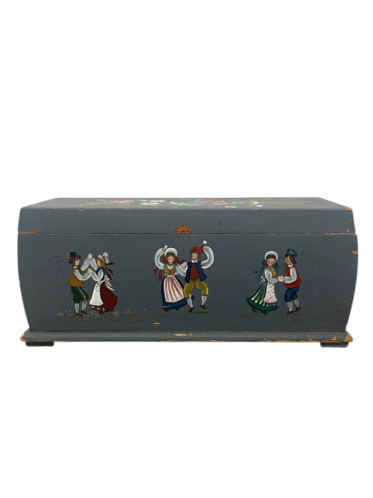 Vintage Hand-Painted Norwegian Folk Art Storage Chest or Blanket Trunk in Blue with Dancing Figures and Floral Motifs