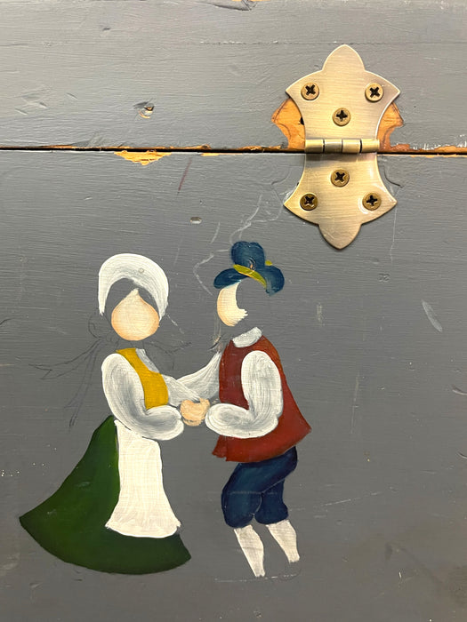 Vintage Hand-Painted Norwegian Folk Art Storage Chest or Blanket Trunk in Blue with Dancing Figures and Floral Motifs