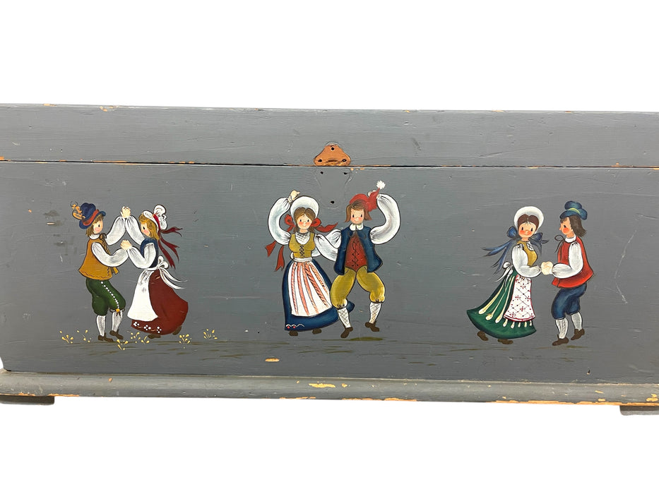 Vintage Hand-Painted Norwegian Folk Art Storage Chest or Blanket Trunk in Blue with Dancing Figures and Floral Motifs