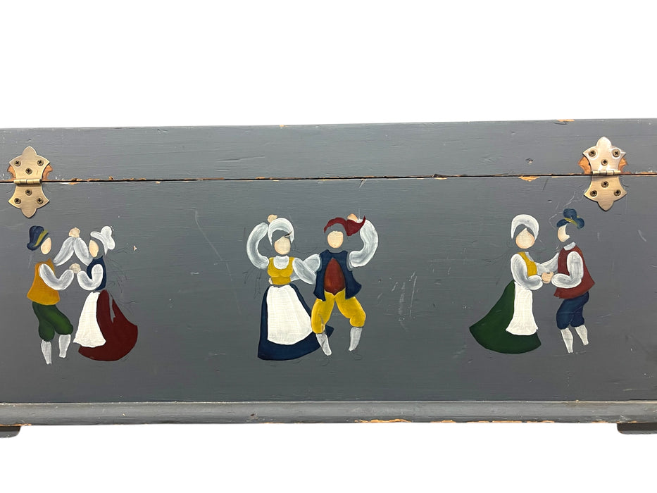 Vintage Hand-Painted Norwegian Folk Art Storage Chest or Blanket Trunk in Blue with Dancing Figures and Floral Motifs