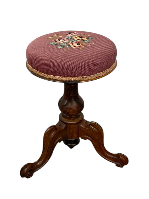 Handmade Adjustable Piano Stool with Floral Needlepoint Seat