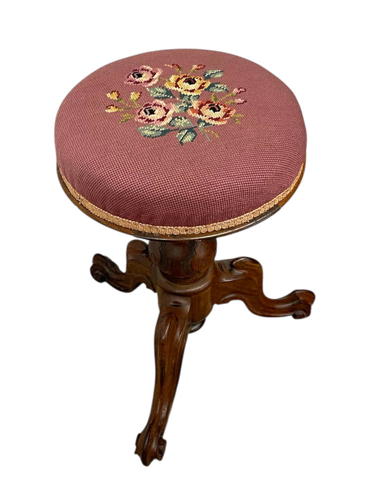 Handmade Adjustable Piano Stool with Floral Needlepoint Seat