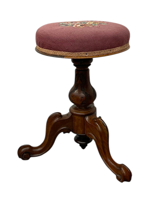 Handmade Adjustable Piano Stool with Floral Needlepoint Seat