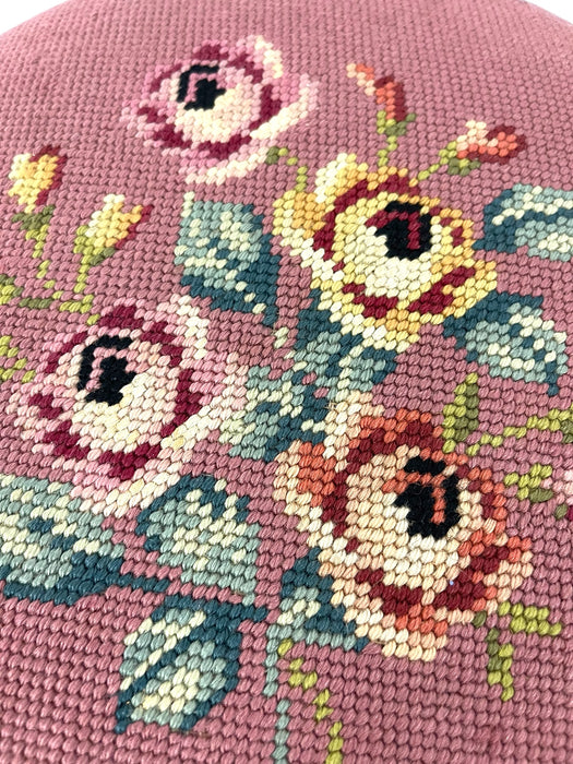 Handmade Adjustable Piano Stool with Floral Needlepoint Seat