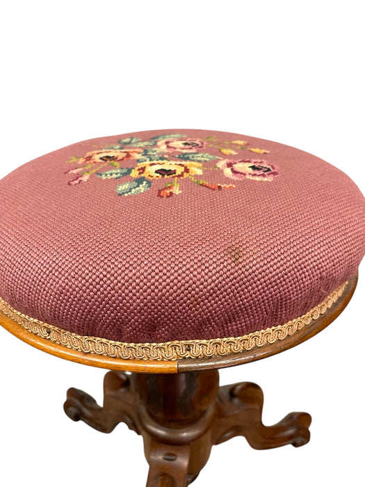 Handmade Adjustable Piano Stool with Floral Needlepoint Seat