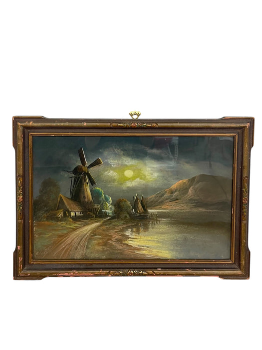 Framed Landscape Painting of Windmill and Moonlit Countryside