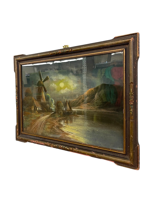 Framed Landscape Painting of Windmill and Moonlit Countryside
