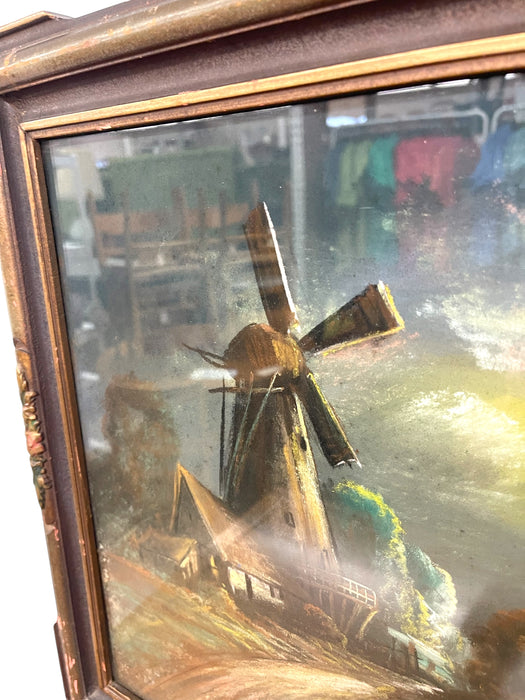 Framed Landscape Painting of Windmill and Moonlit Countryside