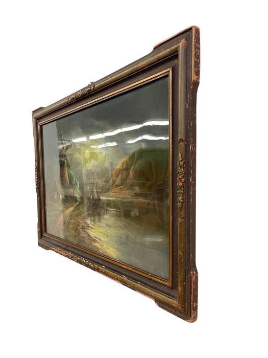 Framed Landscape Painting of Windmill and Moonlit Countryside