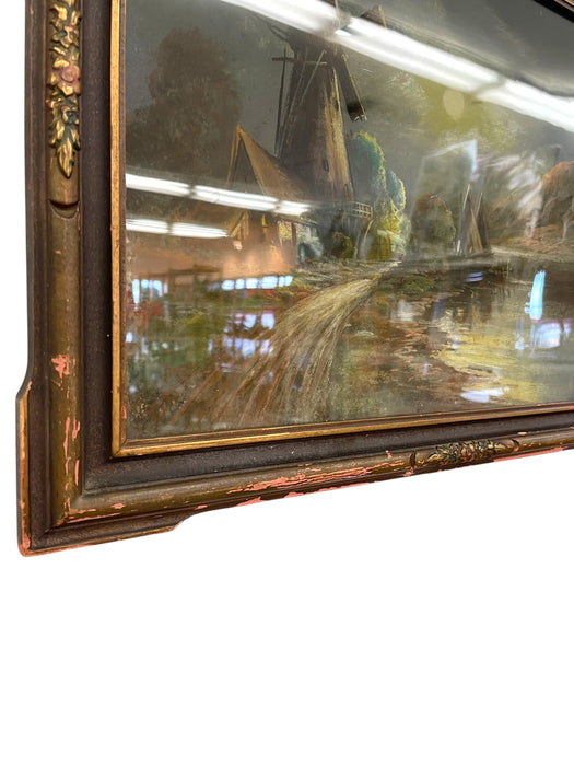 Framed Landscape Painting of Windmill and Moonlit Countryside