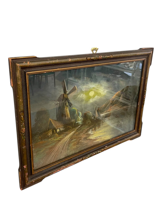 Framed Landscape Painting of Windmill and Moonlit Countryside