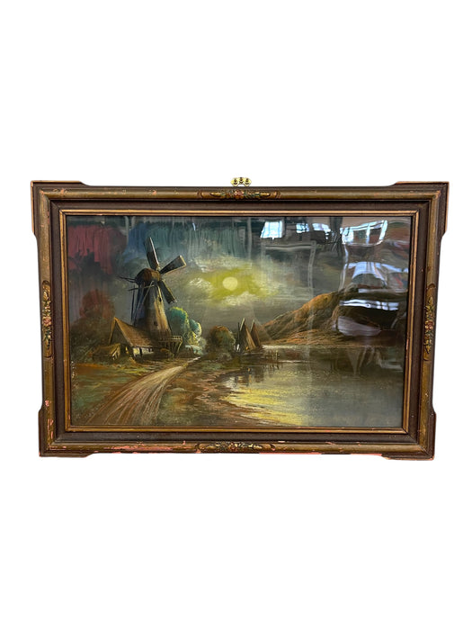 Framed Landscape Painting of Windmill and Moonlit Countryside