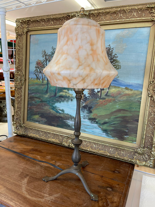 Vintage European Table Lamp with Swirled Glass Shade and Metal Base