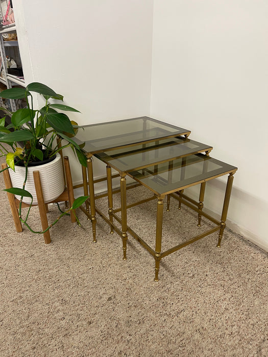 Vintage Mid-Century Modern Smoked Glass Nesting Tables, Set of Three