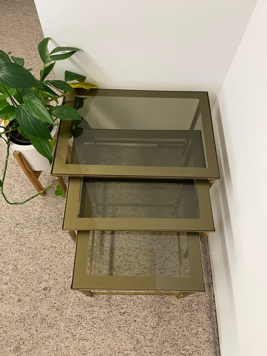 Vintage Mid-Century Modern Smoked Glass Nesting Tables, Set of Three