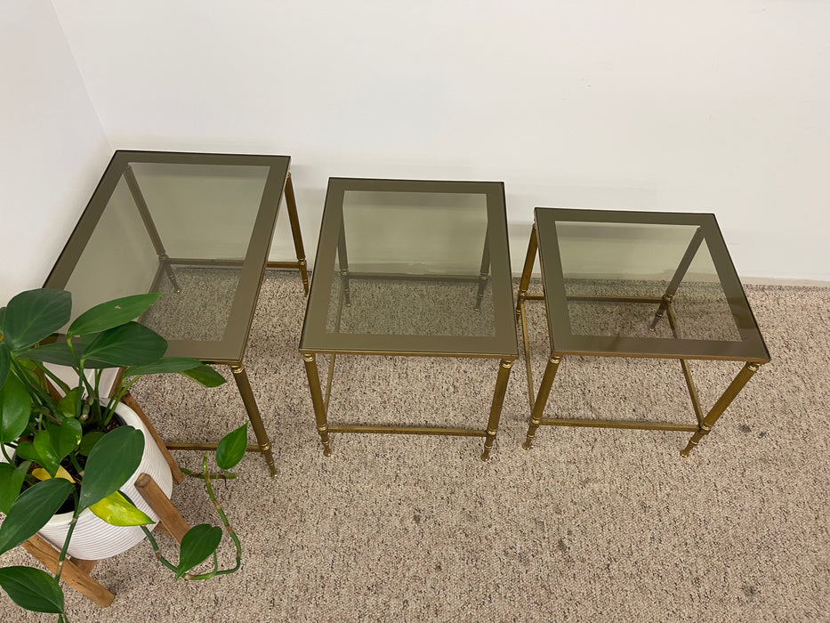 Vintage Mid-Century Modern Smoked Glass Nesting Tables, Set of Three
