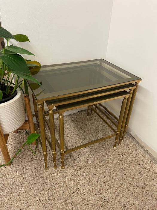 Vintage Mid-Century Modern Smoked Glass Nesting Tables, Set of Three