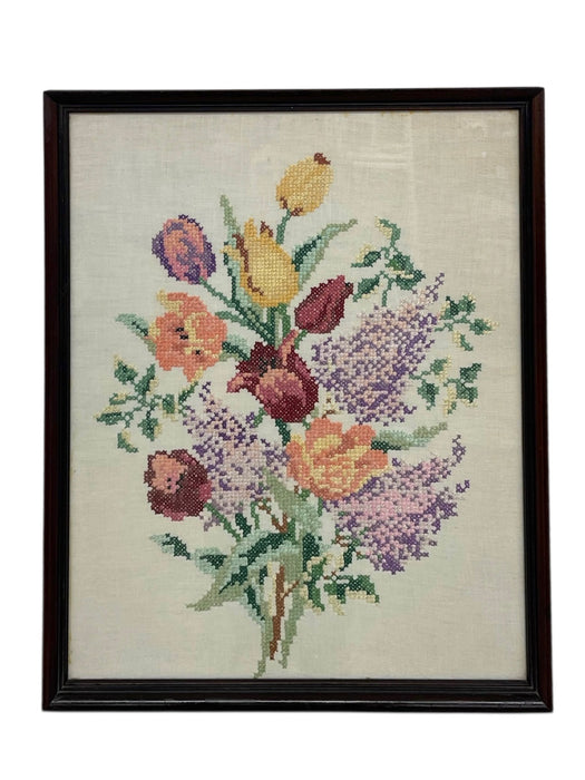 Vintage Framed Floral Cross-Stitch Textile Art - Hand-Embroidered Needlework in Wooden Frame.