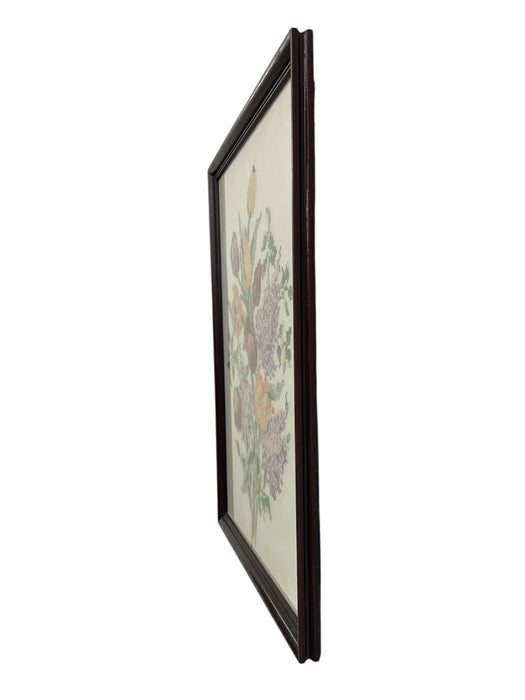 Vintage Framed Floral Cross-Stitch Textile Art - Hand-Embroidered Needlework in Wooden Frame.