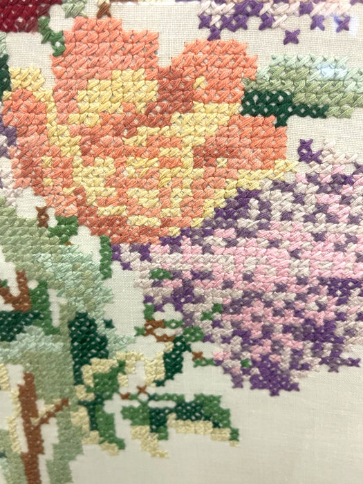 Vintage Framed Floral Cross-Stitch Textile Art - Hand-Embroidered Needlework in Wooden Frame.