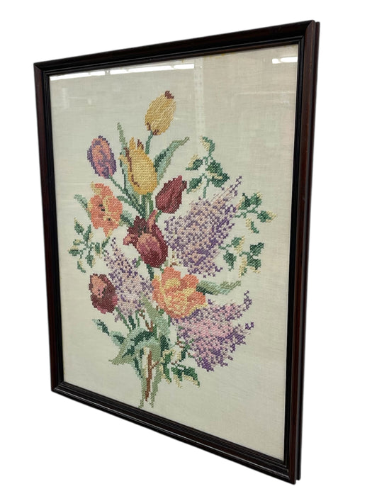 Vintage Framed Floral Cross-Stitch Textile Art - Hand-Embroidered Needlework in Wooden Frame.