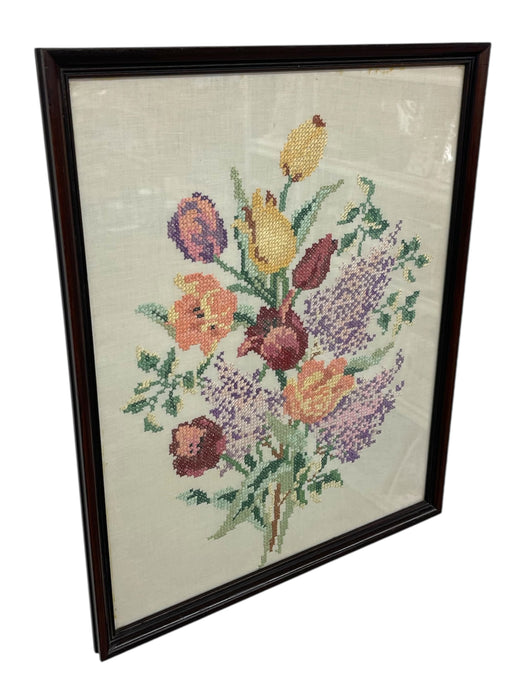Vintage Framed Floral Cross-Stitch Textile Art - Hand-Embroidered Needlework in Wooden Frame.