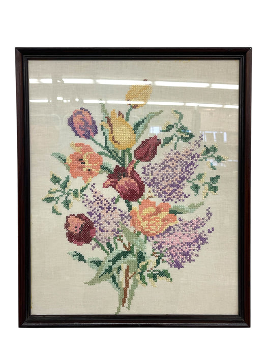 Vintage Framed Floral Cross-Stitch Textile Art - Hand-Embroidered Needlework in Wooden Frame.