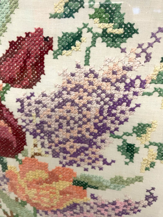 Vintage Framed Floral Cross-Stitch Textile Art - Hand-Embroidered Needlework in Wooden Frame.