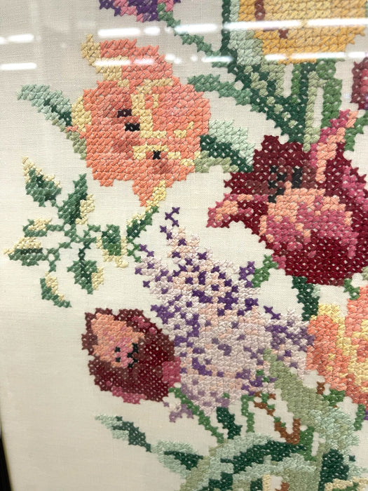 Vintage Framed Floral Cross-Stitch Textile Art - Hand-Embroidered Needlework in Wooden Frame.