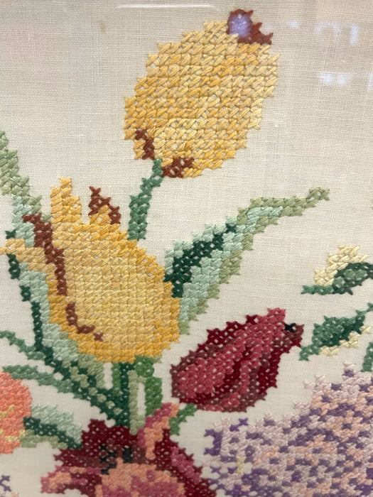 Vintage Framed Floral Cross-Stitch Textile Art - Hand-Embroidered Needlework in Wooden Frame.