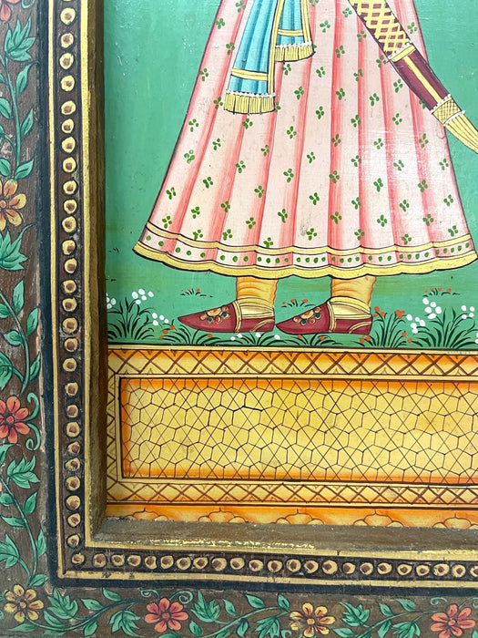 Hand-Painted Indian Mughal-Style Portrait Panel on Wood - Intricately Detailed Decorative Wall Art