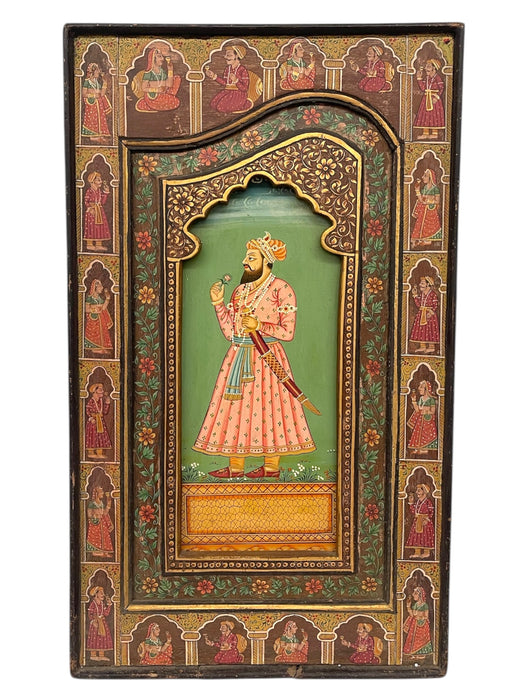 Hand-Painted Indian Mughal-Style Portrait Panel on Wood - Intricately Detailed Decorative Wall Art