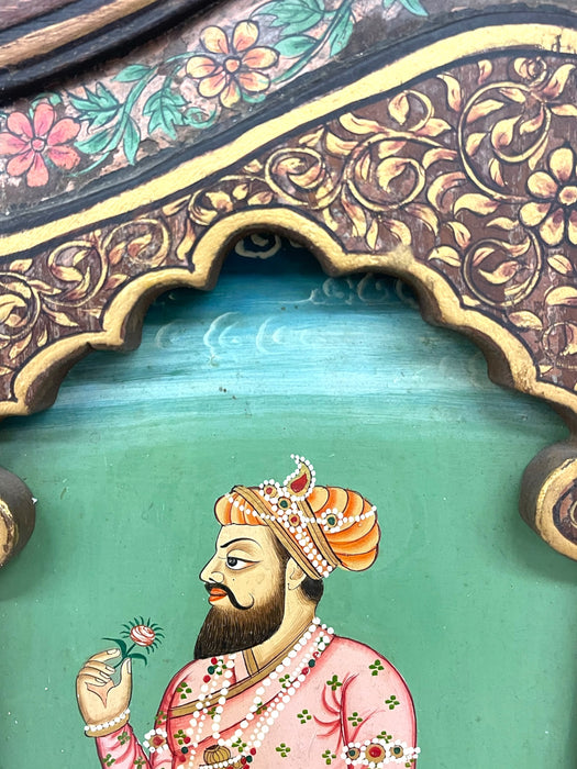 Hand-Painted Indian Mughal-Style Portrait Panel on Wood - Intricately Detailed Decorative Wall Art