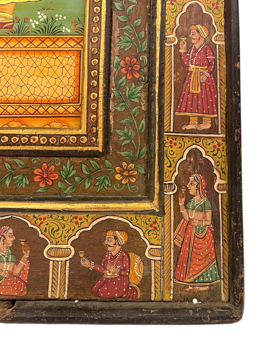 Hand-Painted Indian Mughal-Style Portrait Panel on Wood - Intricately Detailed Decorative Wall Art