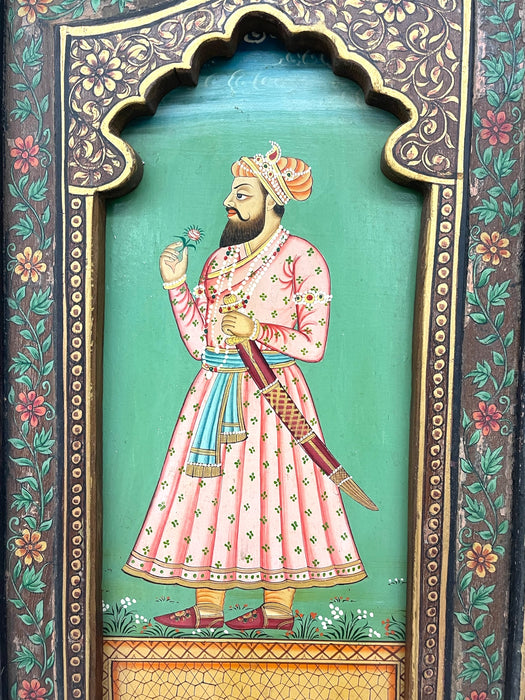 Hand-Painted Indian Mughal-Style Portrait Panel on Wood - Intricately Detailed Decorative Wall Art