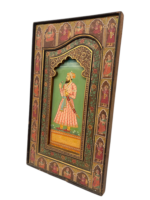 Hand-Painted Indian Mughal-Style Portrait Panel on Wood - Intricately Detailed Decorative Wall Art