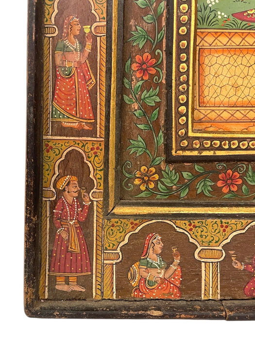 Hand-Painted Indian Mughal-Style Portrait Panel on Wood - Intricately Detailed Decorative Wall Art