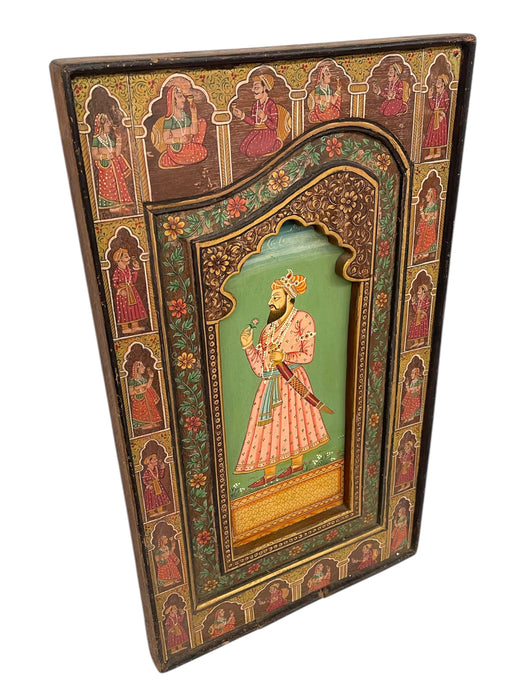 Hand-Painted Indian Mughal-Style Portrait Panel on Wood - Intricately Detailed Decorative Wall Art