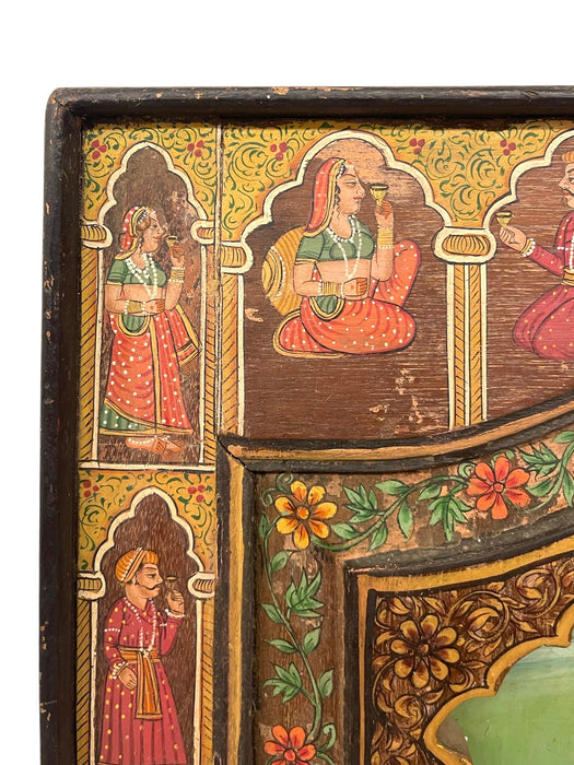 Hand-Painted Indian Mughal-Style Portrait Panel on Wood - Intricately Detailed Decorative Wall Art