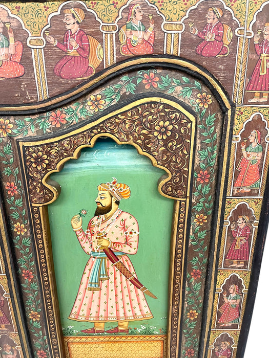 Hand-Painted Indian Mughal-Style Portrait Panel on Wood - Intricately Detailed Decorative Wall Art