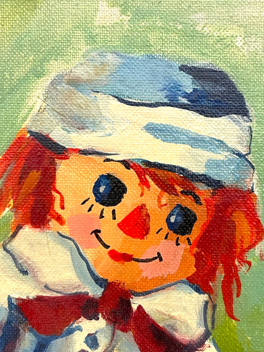 Vintage Raggedy Ann-Style Doll Portrait Painting on Grumbacher Canvas Board, Signed “Hill”