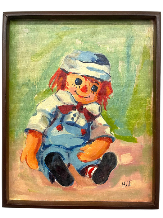 Vintage Raggedy Ann-Style Doll Portrait Painting on Grumbacher Canvas Board, Signed “Hill”