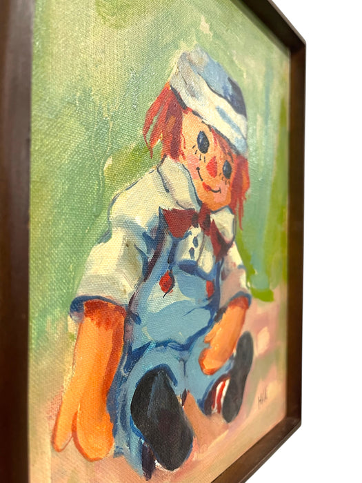Vintage Raggedy Ann-Style Doll Portrait Painting on Grumbacher Canvas Board, Signed “Hill”