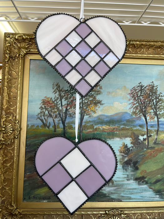 Pair of Vintage Stained Glass Heart Sun Catchers in Lavender and White